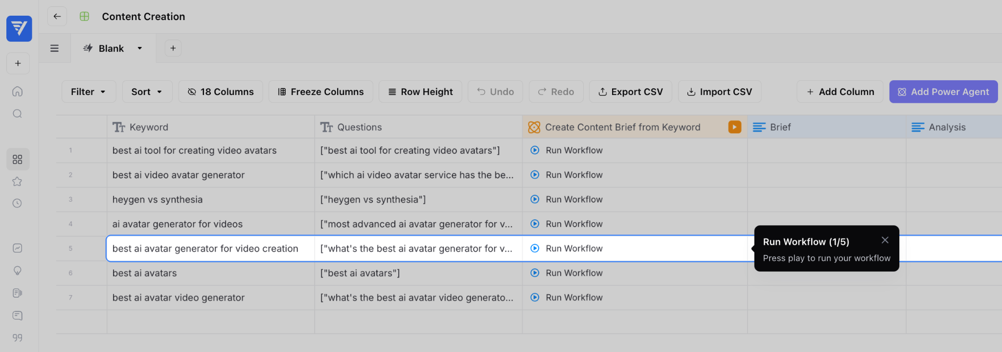 AirOps Content Creation grid running Power Agent workflows across keyword rows