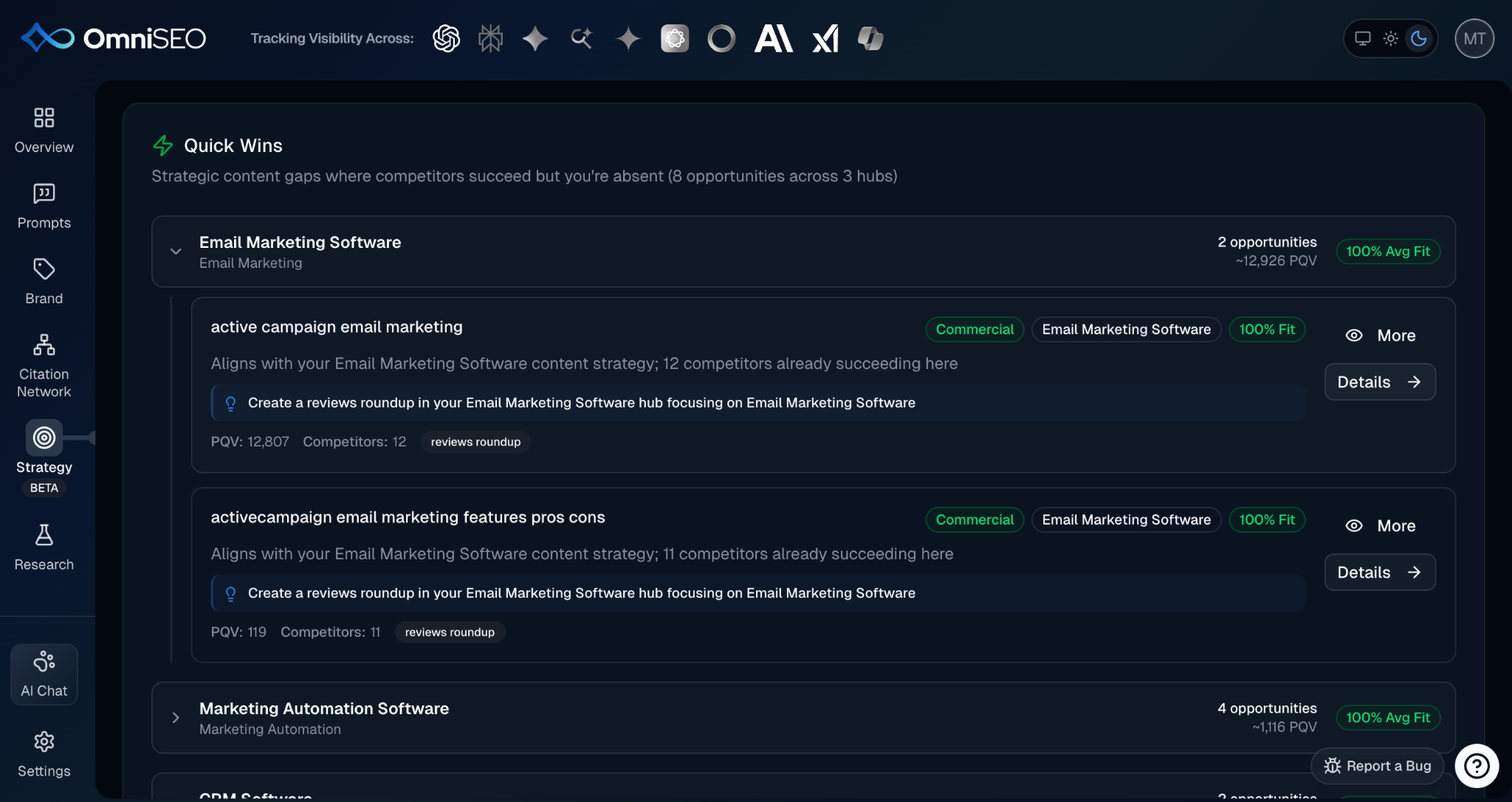 OmniSEO Quick Wins view listing strategic content gaps