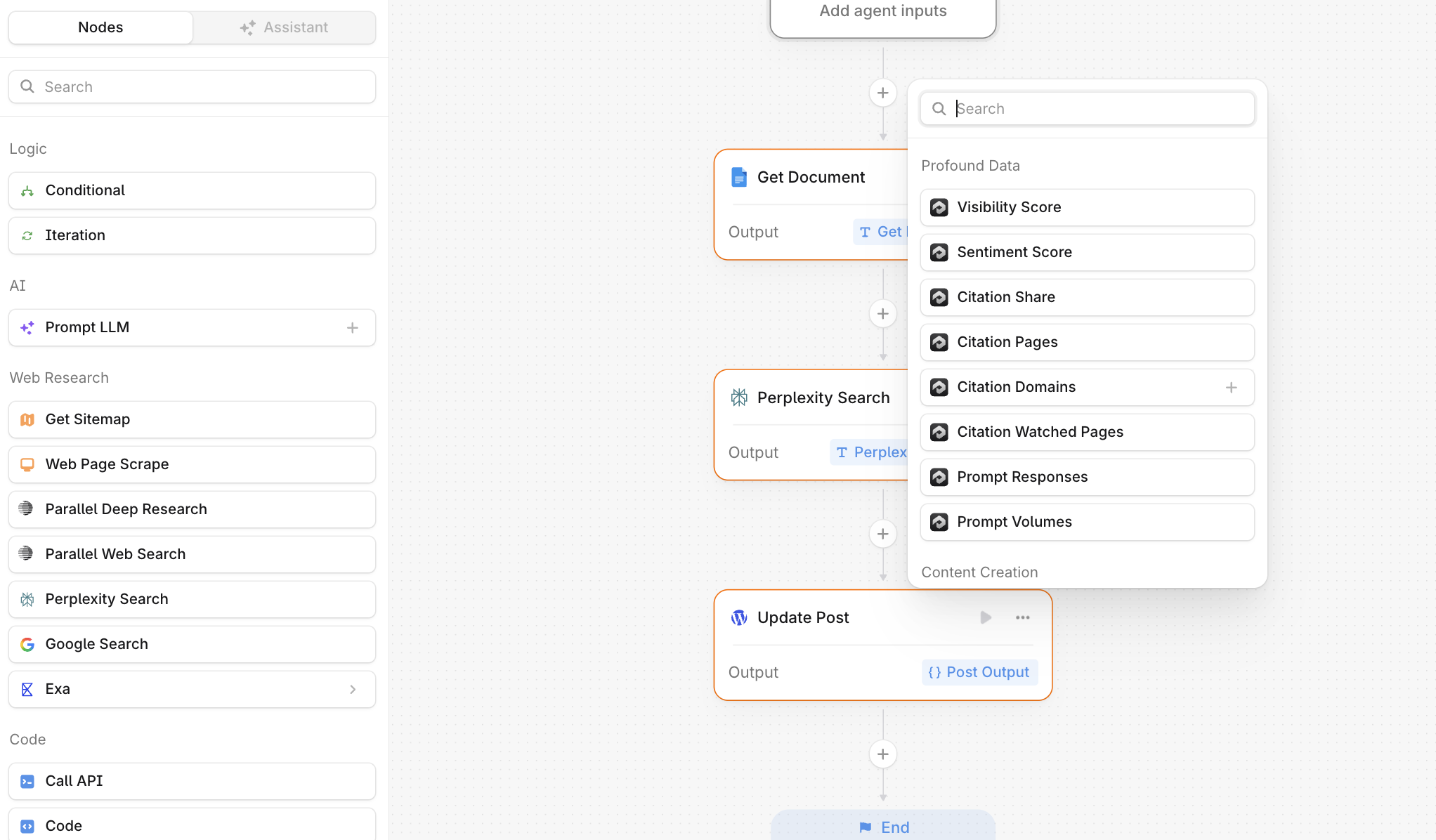 Profound agent builder canvas with nodes for sitemap, web scrape, Perplexity search and update post